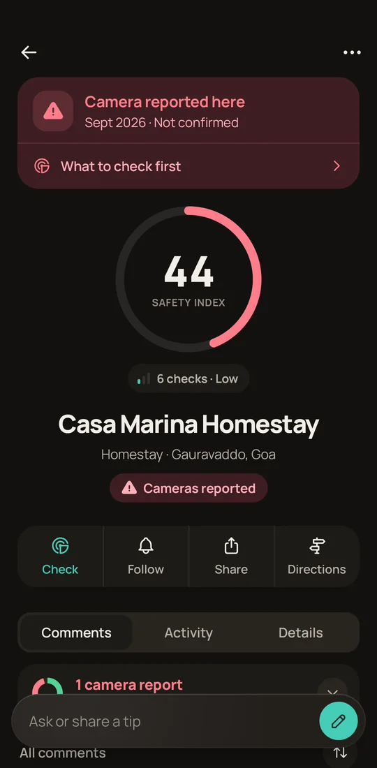 Casa Marina Homestay's place page in Spyavo, scored 44 with a camera reported