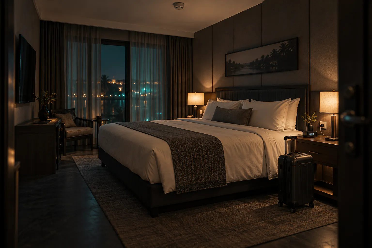 Room 412 at night, the bed made and the lamps on, a smoke detector on the ceiling