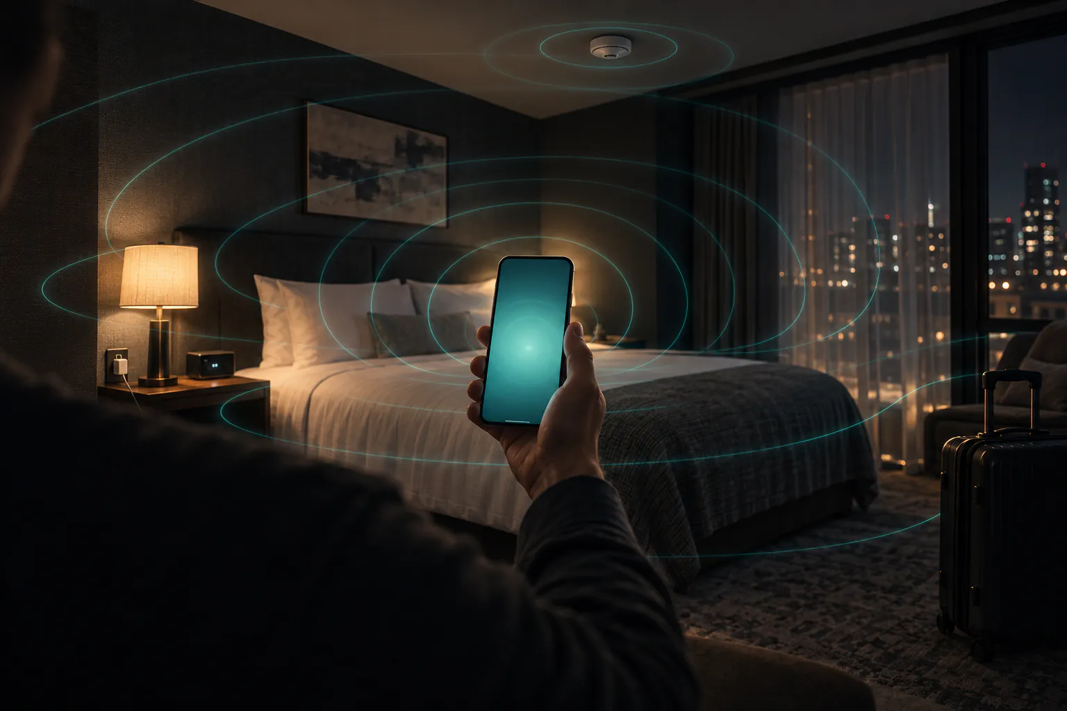 A hand holding up a phone in the hotel room as soft rings spread out from it