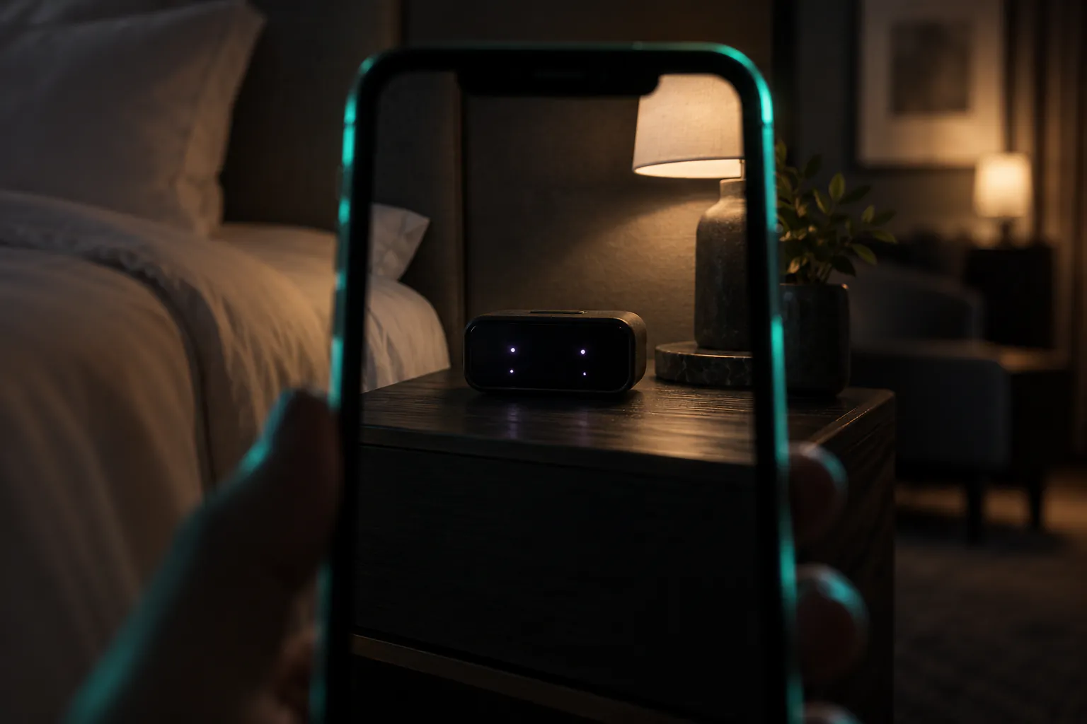 Through the phone’s camera, faint lights glowing on the face of a bedside clock