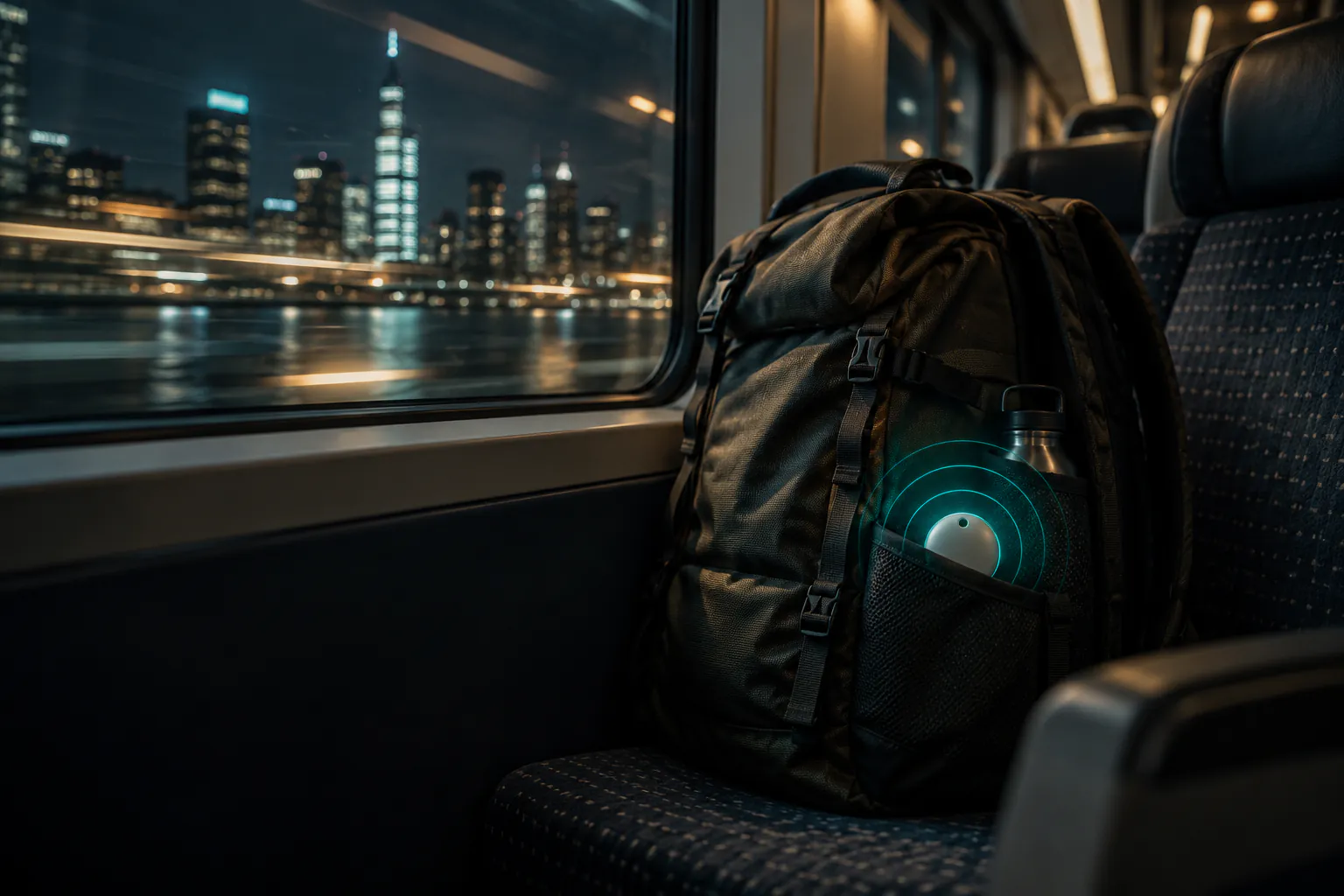 A backpack on a train seat with a small tracker glowing in its side pocket