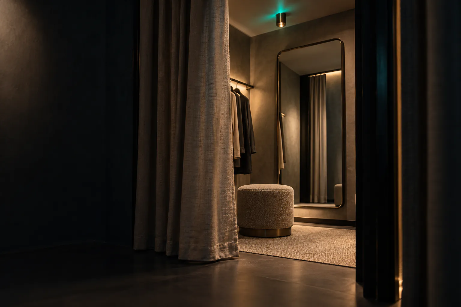 A dim changing room with a curtain, a mirror and a teal glint in the ceiling light