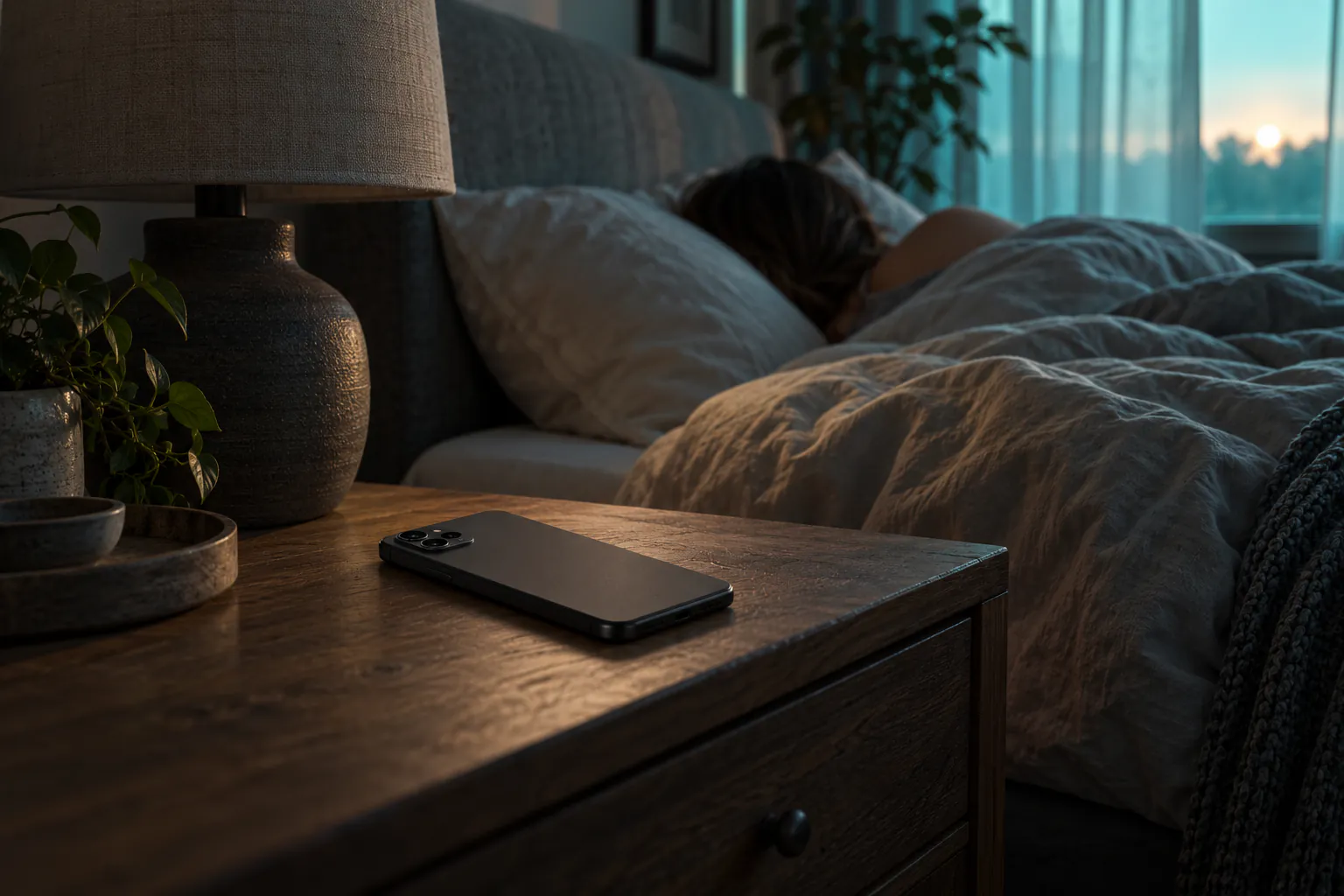 Dawn by the bed, a phone resting on the nightstand while someone sleeps